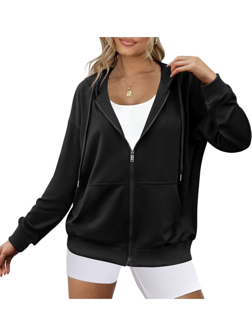 〽️Women's Black Lightweight Zip Up Hoodie Oversized Hooded Sweatshirt Jacket